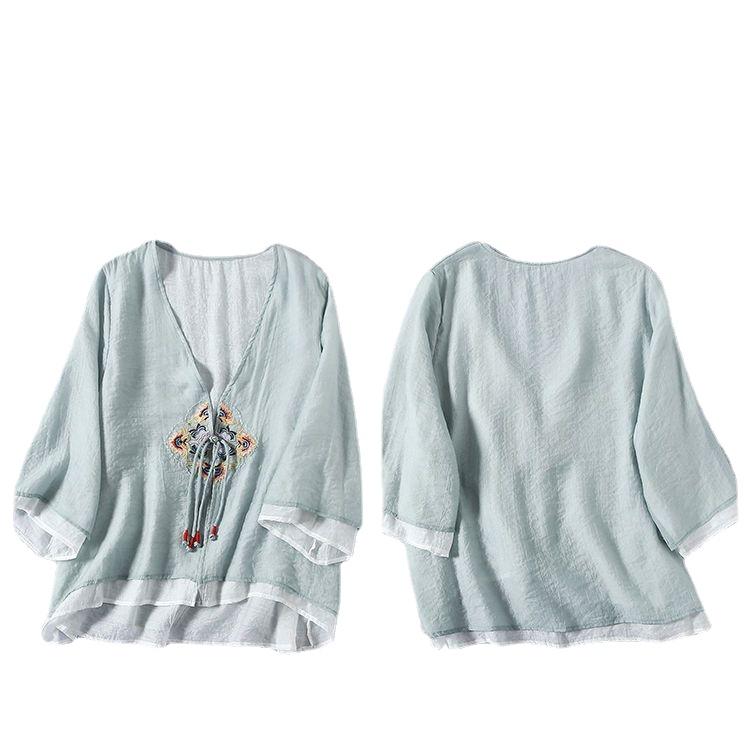 Bestickte Strickjacke im Folk-Stil, locker sitzende Leinenbluse für Damen mit Knopfleiste