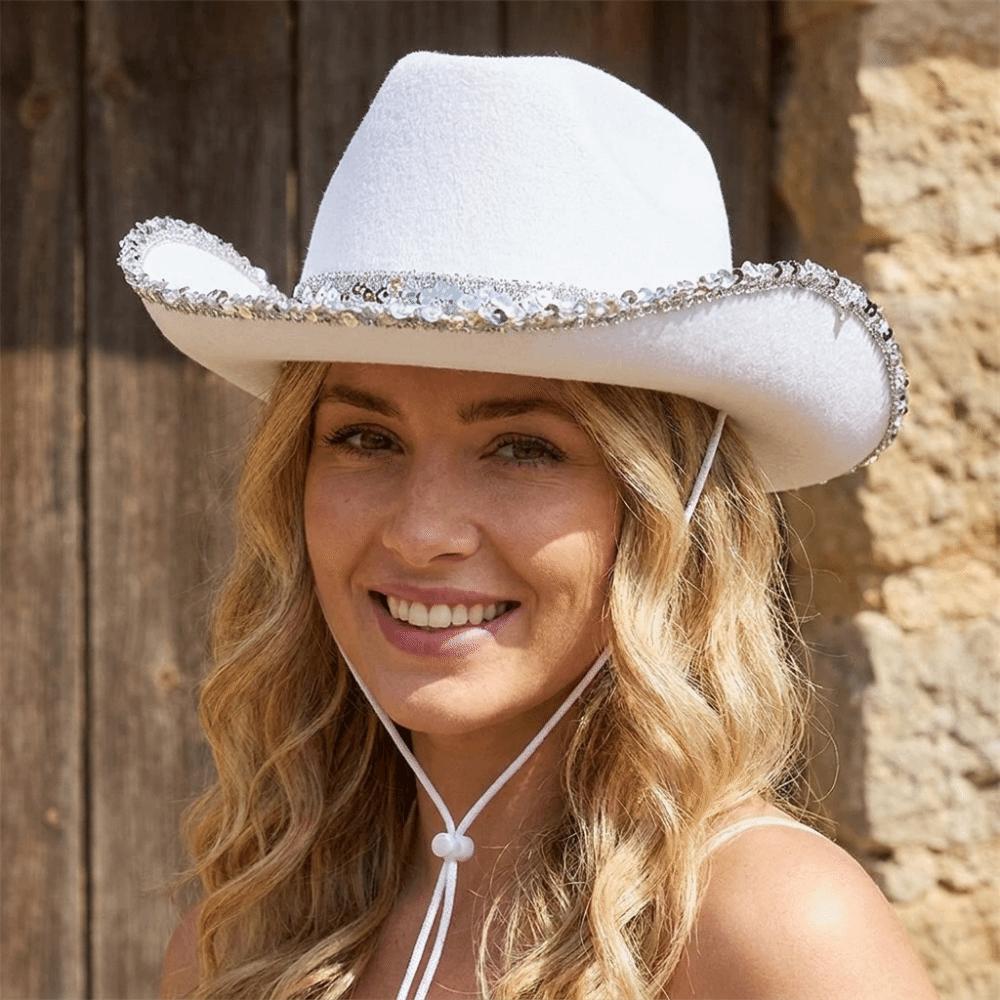 Wide Brim Western Cowboy Hat Furry Trim Sequin Cowgirl Hat Classic Jazz Hat Ladies