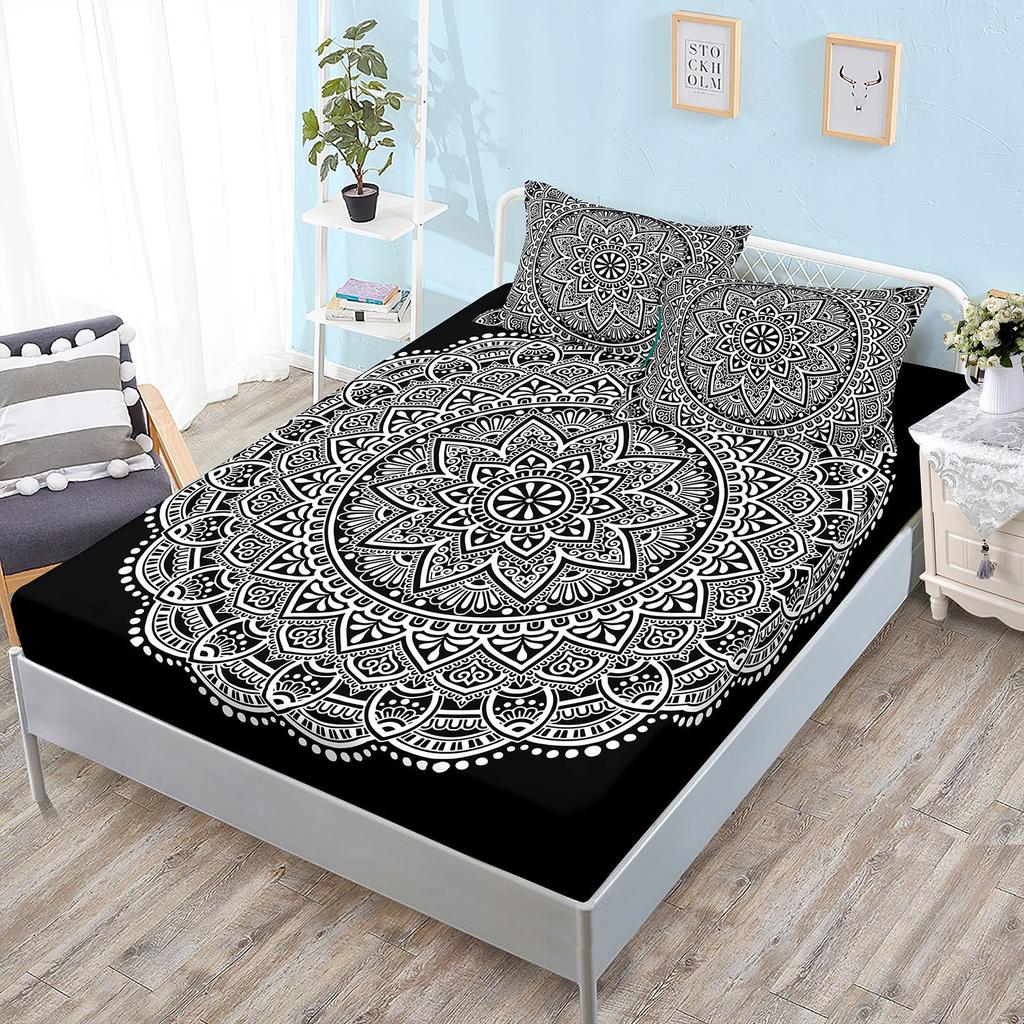 Three-Piece Mattress Cover, Black Bohemian Mattress Protective Cover.
