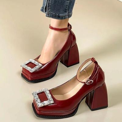 Mary Jane 2025 Spring and Autumn Waterproof Table Rhinestone Square Buckle Super High Heel Square Head Single Shoes Women's Barbie High Heels