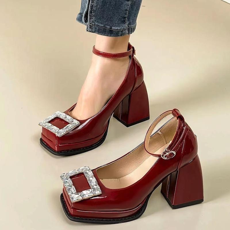 

Mary Jane 2025 spring and autumn waterproof table rhinestone square buckle super high heel square head single shoes women s Barbie high heels 34