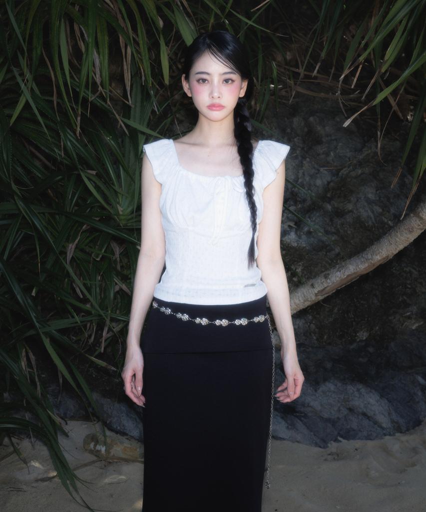 Rose Franz Folding Waist Maxi Long Skirt [Black]