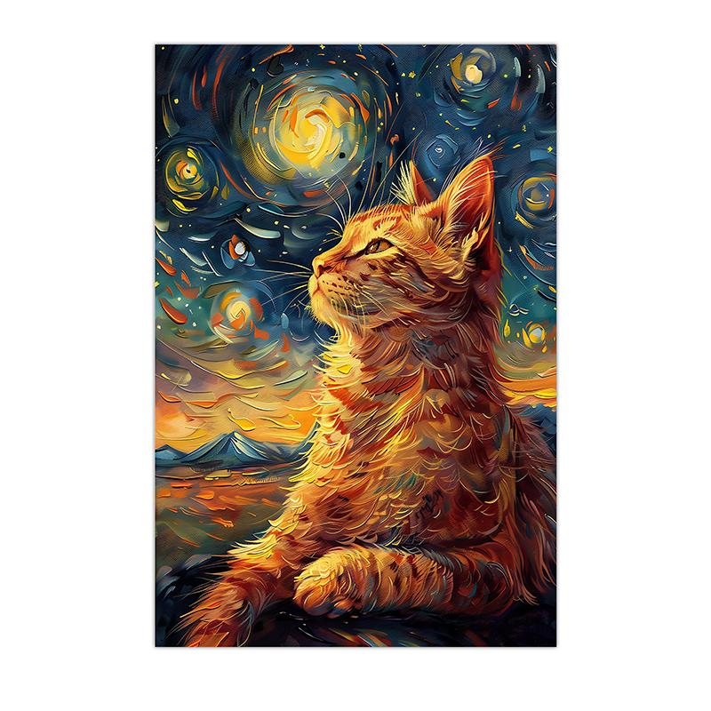 Tier-Wandkunst im Vintage-Stil, Nordische impressionistische Katzen-Leinwandmalerei, Verspielter getigerter Poster-Druck für Schlafzimmer-Wohnzimmer-Dekoration