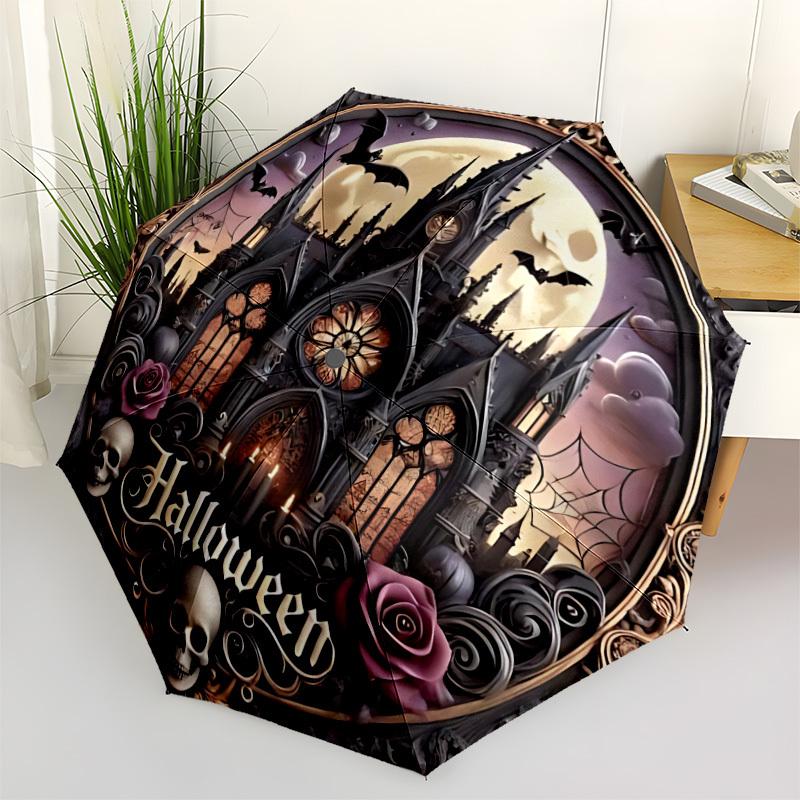 1pc Halloween Castle Moon Automatic Folding Umbrella, Sturdy And Durable Automatic Folding Umbrella with 8 Ribs, Convenient for Outdoor Use142