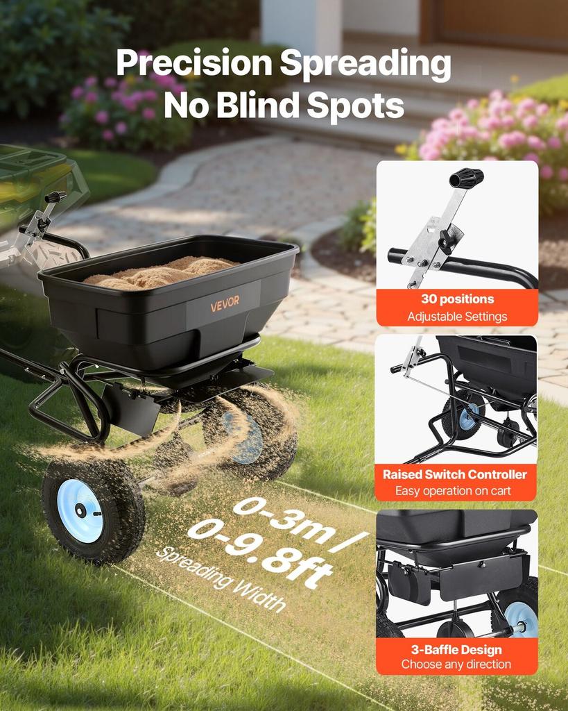 Tow Behind Broadcast Spreader, 130LBS Capacity, Tow/Push Garden Spreader with 13 In Tires, 30 Adjustable Setting & 9.8 Ft Spreading Width, Lawn