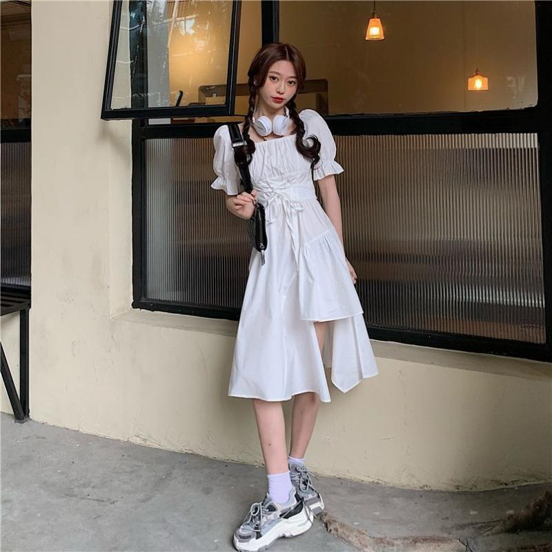 Irregular Hem Solid Color Dresses Female Summer Design Sense Bubble Sleeve Dress
