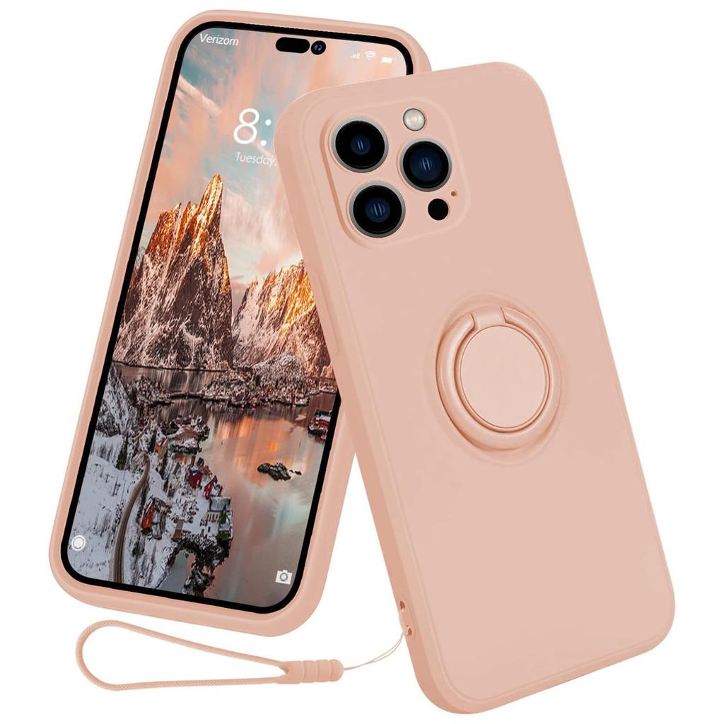 For iPhone 15 Pro Ring Kickstand Case Liquid Silicone Anti-scratch Phone Cover with Wrist Rope