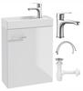 Badezimmerschrank mit einem weiß glänzenden wandhängenden Waschbecken 50x70 Klein und einem länglichen Chromhahn
