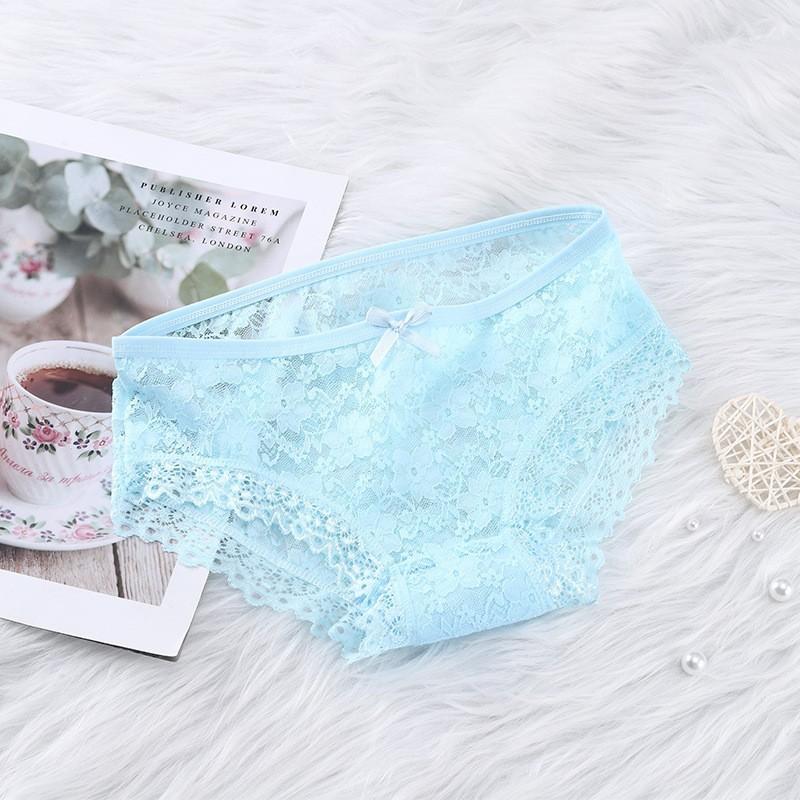 Girls' Sexy Lace Briefs Breathable Underwear with Butterfly Knot Carved Mid Air Waist Knickers Solid Color Women's Triangle Panties