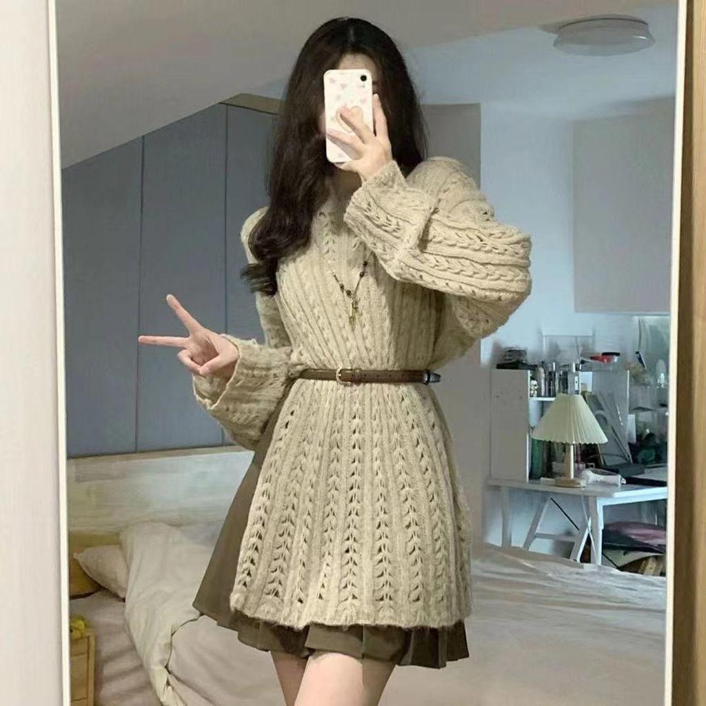 Two-Piece Elegant Cardigan & High-Waisted Pleated Skirt Set for Women