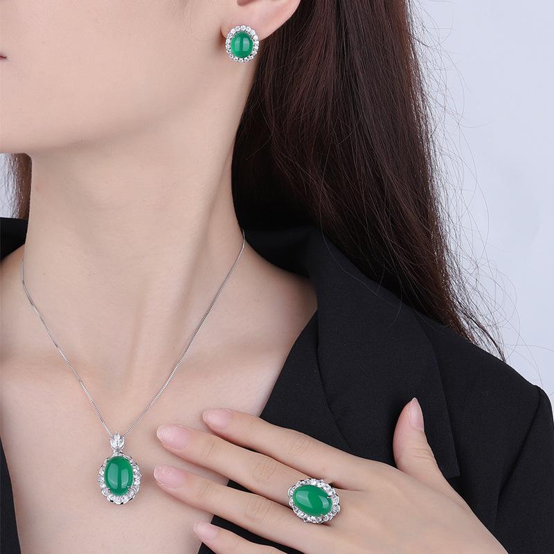 Jewelry Ice Seed Fluorescent Denier-Shaped Green Chalcedony Light Body Jade Pendant Three-Piece Set Main 13 * 18-10 * 12