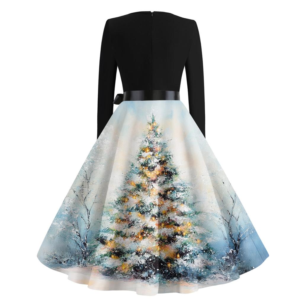 Women's Casual Fashion V Neck Long Sleeve Christmas Printed Party Vintage Long Dresses
