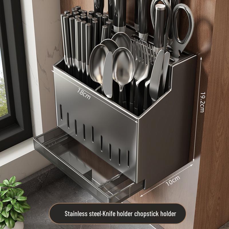 Wall-Mounted Stainless Steel Kitchen Organizer: Chopstick & Knife Holder with Spoon Storage