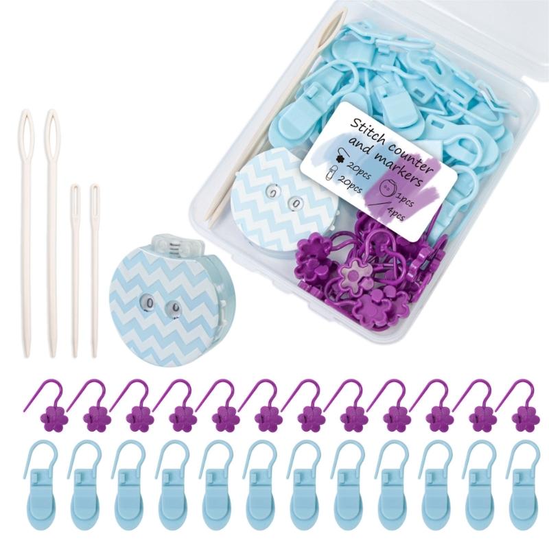 

40Pcs Multifunctional Crochet Stitching Markers With Knitting Counter And 4 Sewing Needle for Knitting Crafting Project фиолетовый/синий