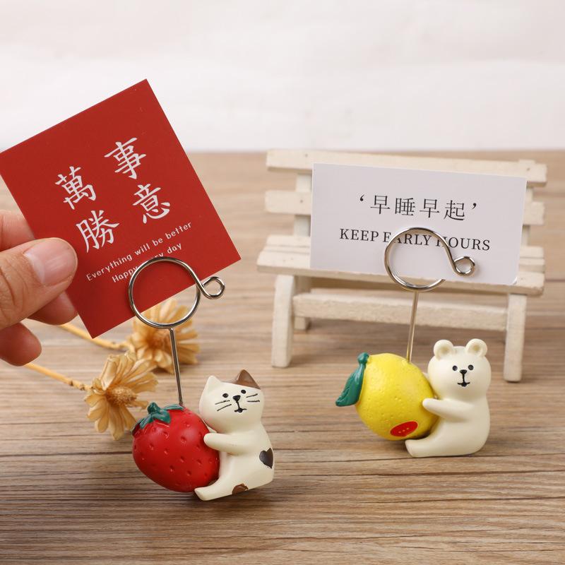 Creative Cute Cat Hugging Strawberry, White Bear Hugging Lemon Resin Message Holder, Desktop Decoration Photo Holder Note Holder