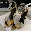 Fashion Sexy Gold Crystal Flower Heeled Sandals Women Fashion Pointed Toe Ankle Buckle Heels Summer Elegant Party Shoes Zapatos De Mujer