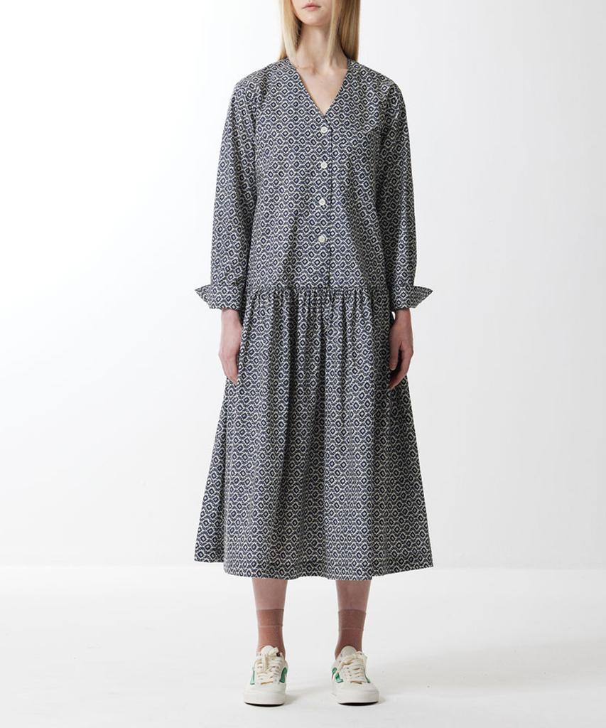 Boyeon V-Neck Print Shirred Shirt Dress Navy 0058