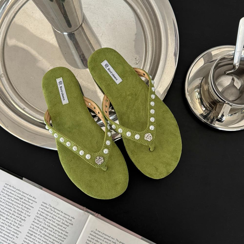 

Роскошные сандалии-шлепанцы с жемчугом и стразами для женщин, летние, брендовые, модные, с открытым носком, нескользящие, удобные, повседневные, пляжные сандалии 38 зелёный
