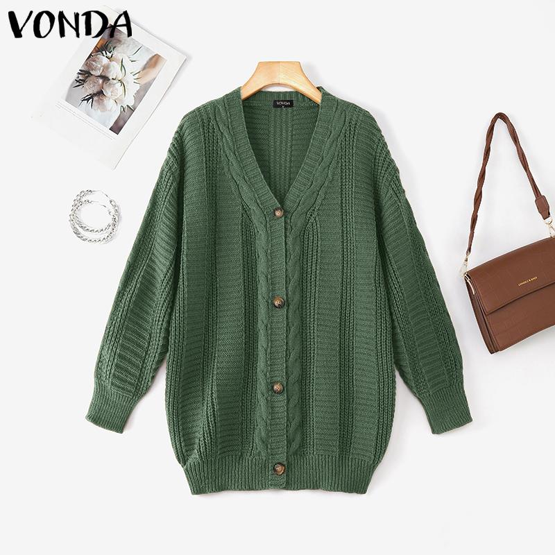 

VONDA Autumn Women Long Sleeve Texture Casual Knitted Sweaters Cardigans Coats S зелёный