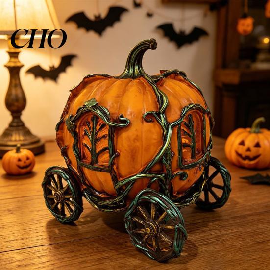 Fall Themed Room Accessories 3D Resin Pumpkin Carriage Ornament, Retro Fairy Tale Cart Dreamy Niche Gift for Her Figurine, Vintage Desktop Decoration