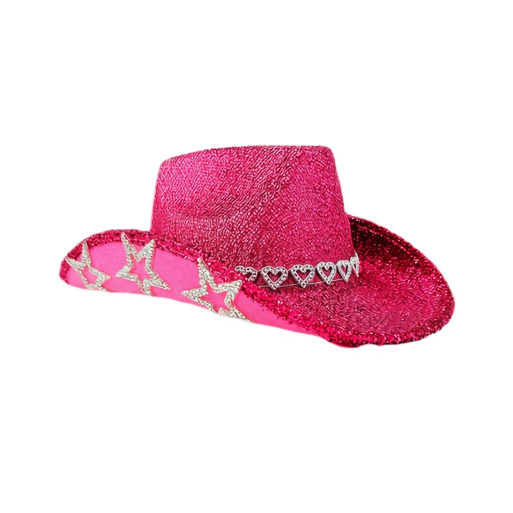 Decorative Western Hat with Feather Trim, Heart Shape, Rhinestones and Star Accents for Holiday Party