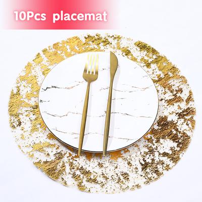 10Pcs Disposable Gold Placemats 13 Inch Metal Round Gold Foil Mesh Pads for Home Dining Table Party Supplies Table Mates