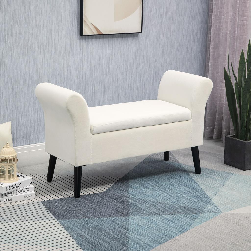 Storage Bench With Flip Top Armrest And Wooden Legs For Living Room 111 5x41x65 Cm Cream