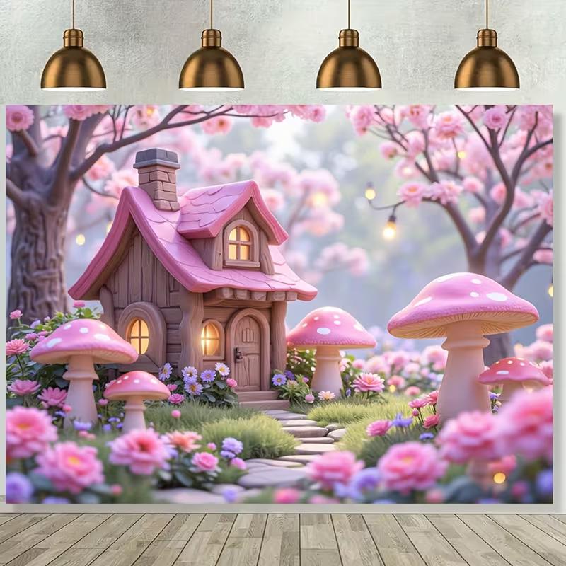 2D Dreamy Sakura Fairy House Backdrop with Glowing Lights for Baby Shower & First Birthday
