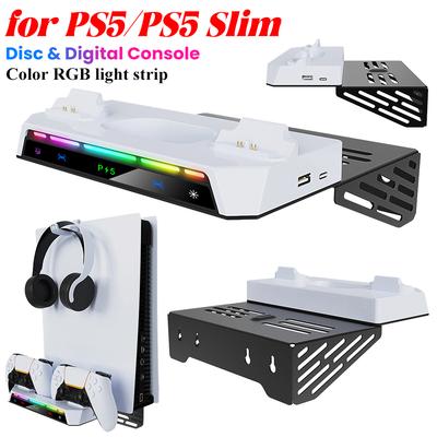 Regal Wandhalterung mit Dual-Controller-Ladegerät RGB-Licht Wandhalterung Wandständer für PS5 und PS5 Slim Konsolen Disc & Digital