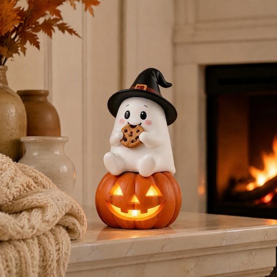 Indoor Decorative Light Lighted Halloween Ghost Figurine, Spooky Resin Witch on Pumpkin/Holding Lantern Desktop Ornament Statue with LED for Bookshelf