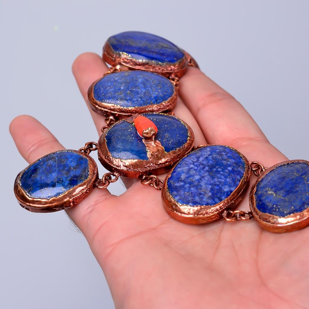 Oval Natural Lapis Lazuli Copper Unique Electroformed New Chain Necklace Jewelry V-82