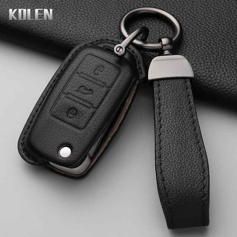 Genuine Leather Auto Key Fob Cover Case Housing Remote Fit For Vw Volkswagen Polo Tiguan Passat B5 B6 B7 Golf 4 5 6 Mk6 Jetta Lavida Fit For Skoda