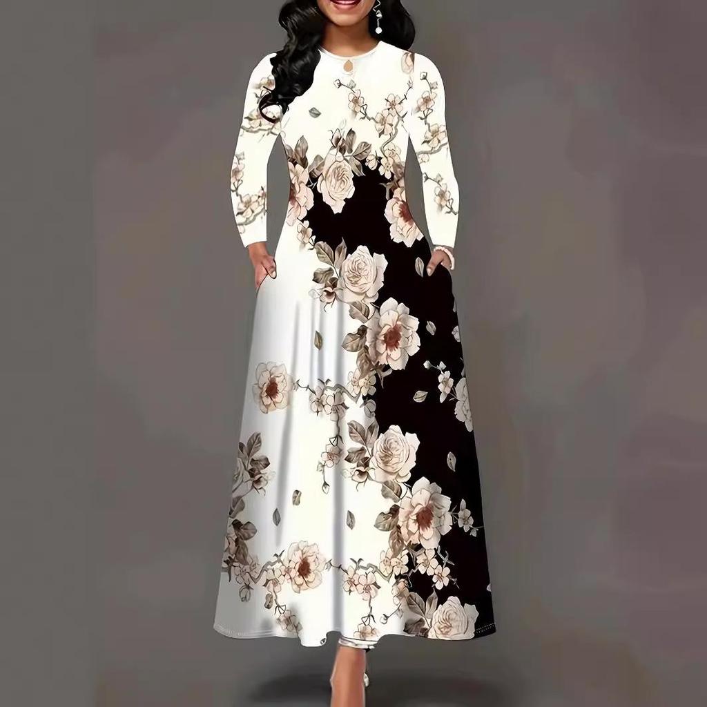 Elegant Plus Size Long Sleeve Printed Dress with Pockets and High Waist Hem
