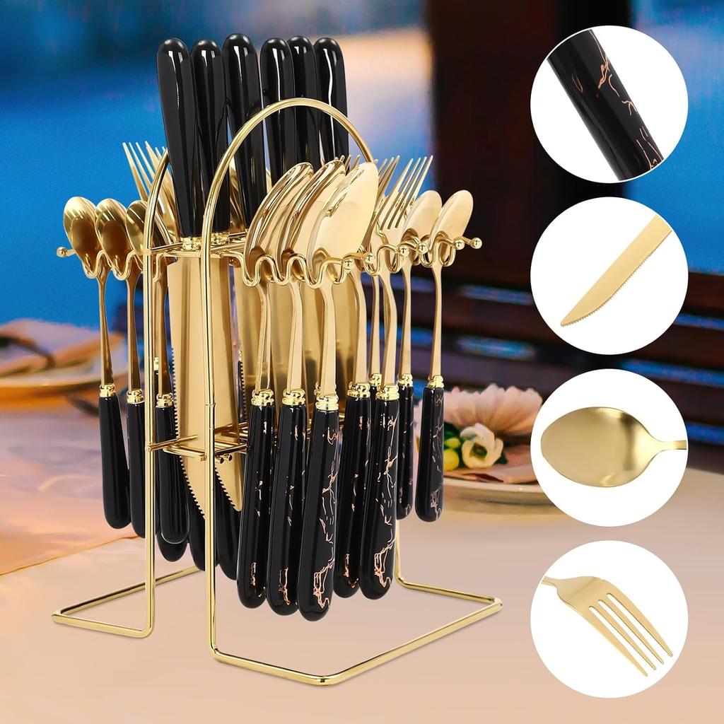 24pcs Mixed Cutlery Set Stainless Steel Ceramic Handle Tableware Dinnerware Set with Storage Stand-Knives/Spoons/Forks/Teaspoons for Family