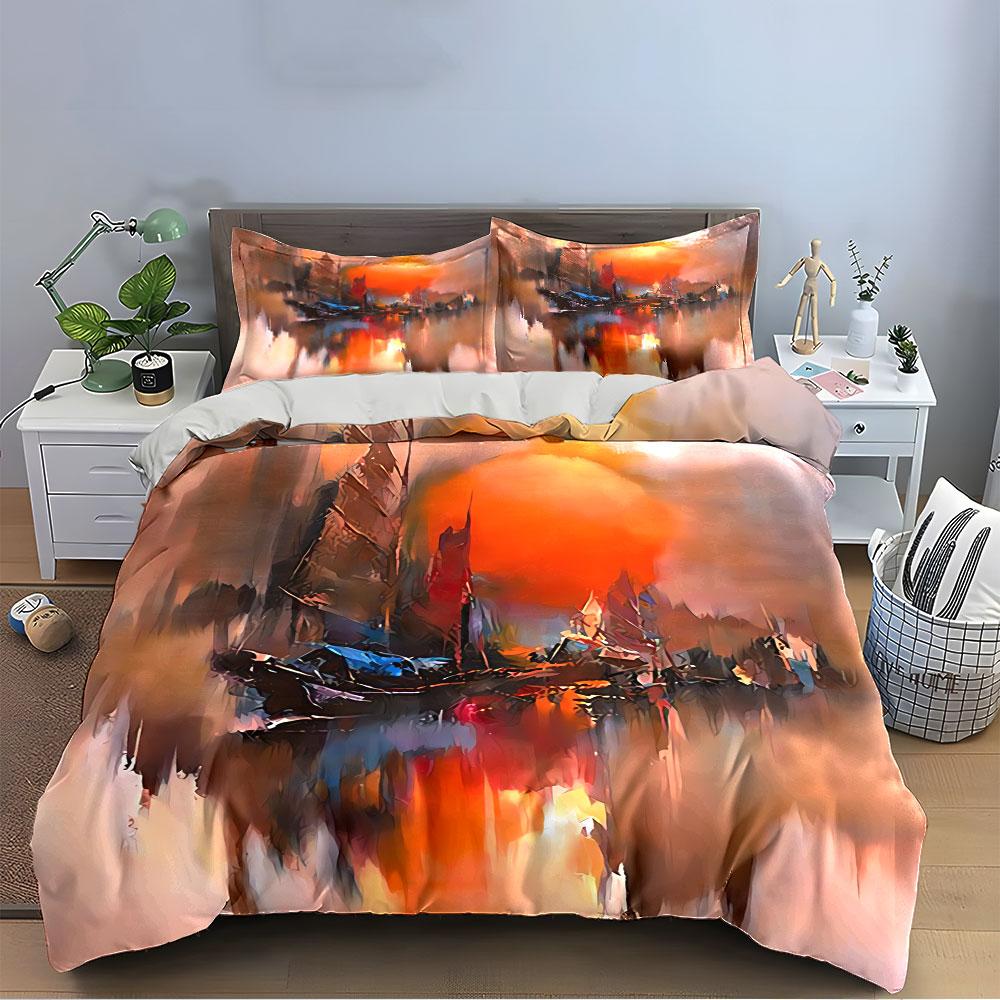 Sunset Sailboat Abstract Art Bedding Duvet Cover Set Duvet Cover Pillowcases  (1*Duvet Cover 2*Pillowcases, Without Duvet Insert)