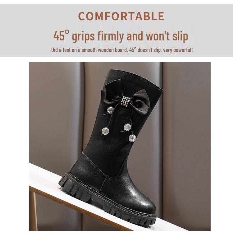 Girls' Bow Long Leather Boots - 2025 Autumn/Winter Stylish Princess Collection
