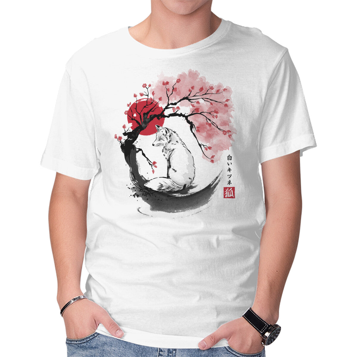 Unisex Crew Neck T-Shirt White Kitsune Sumi-e Graphic Short Sleeve Casual Tee XXL