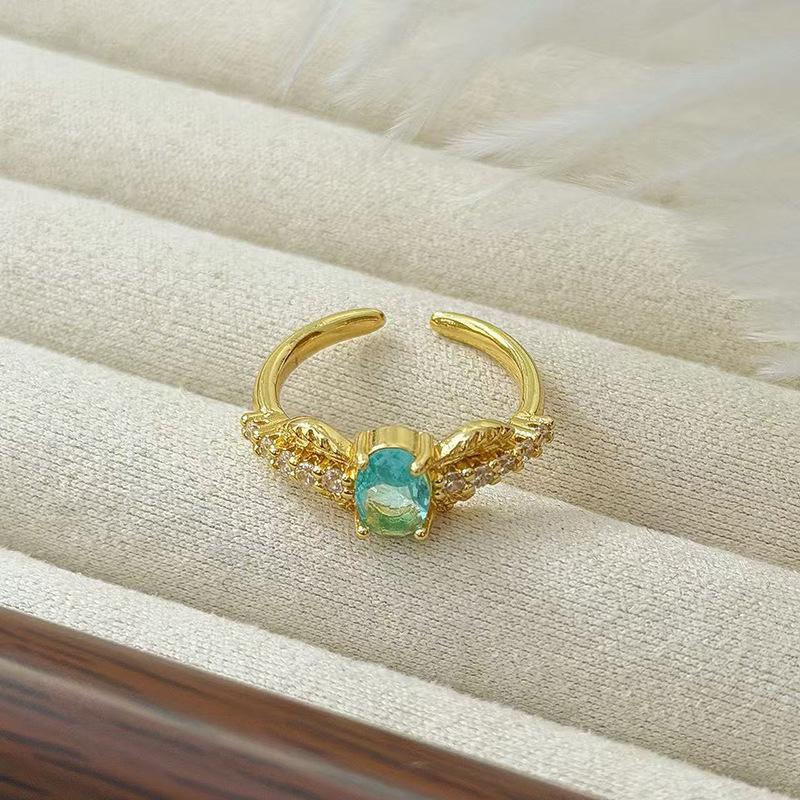 Medieval Vintage Colored Treasure Wings Flash Diamond Zir*****Pen Ring Niche High-End Light Luxury Ring Woman