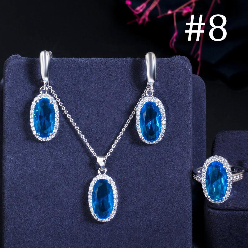 WWJ Super Sparkling Oval Shape Cubic Zirconia Engagement Ring Necklack Earrings Set