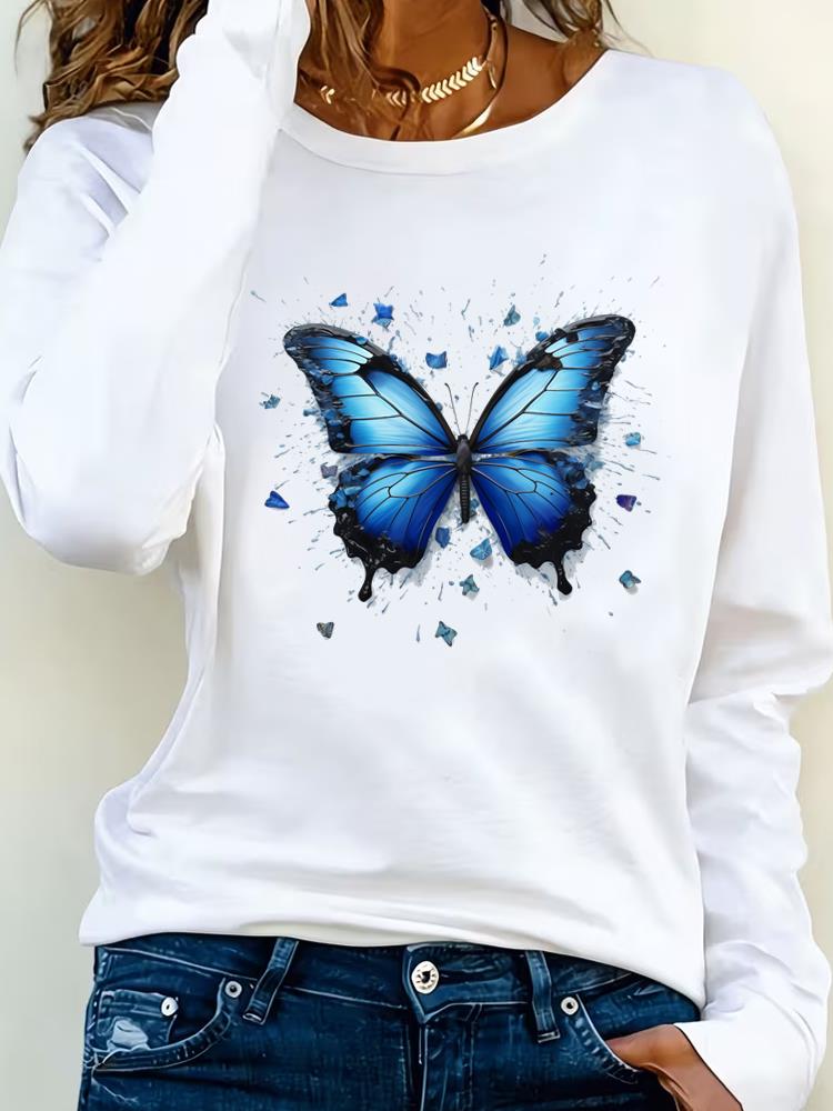 (Asian Size) watercolor flower 90s Clothing Casual  Tee Lady Printed o-neck Long Sleeve T Shirt Women Female Fashion Top Graphic T-shirts