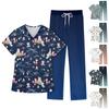 Women's Short Sleeve V Neck Animal Print Chest Pocket Work Top Elastic Waist Pants Two Piece Work Set