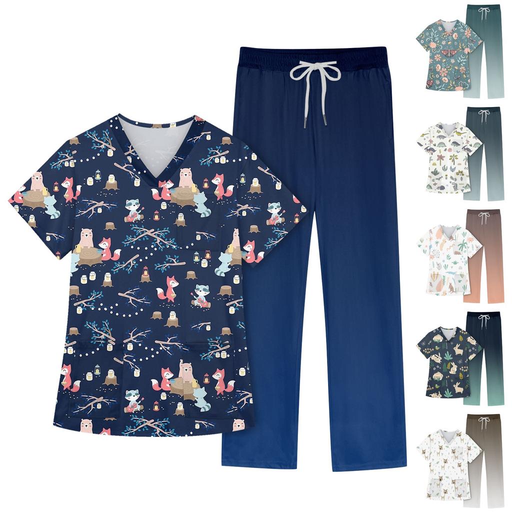 Women's Short Sleeve V Neck Animal Print Chest Pocket Work Top Elastic Waist Pants Two Piece Work Set