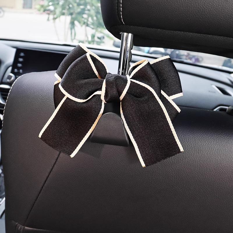 2pcs Cute Bow Car Seat Back Hooks Storage Hook Headrest Organizer Rack Grocery Bag Handbag DecorationInterior Accessories
