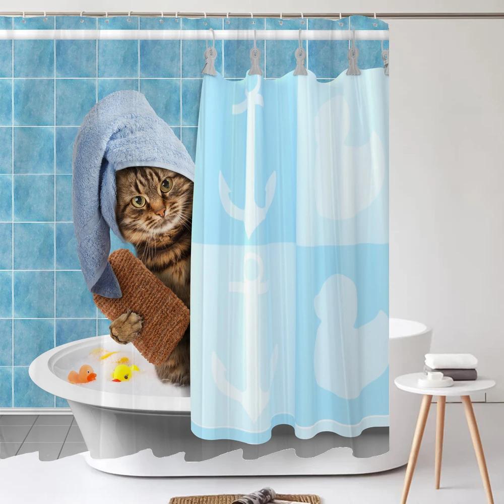 

Забавные Милые Мультяшные Занавески для Душа с Кошкой и Собакой, Водонепроницаемая Занавеска для Ванны, Домашний Декор с Крючками W90XH180CM
