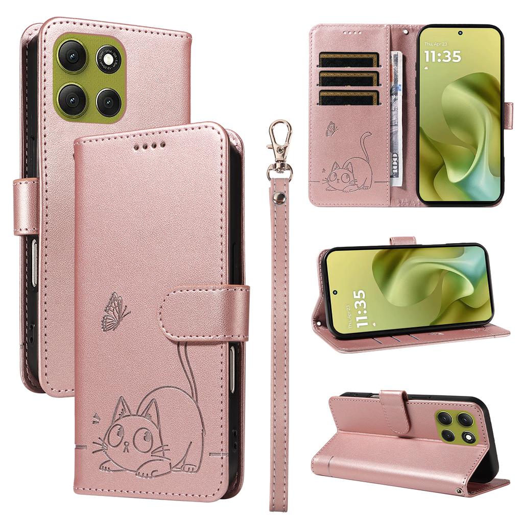 For Motorola Moto G86 5G/G86 Power 5G Case Cat Pattern Imprint Leather Phone Cover with Wrist Strap