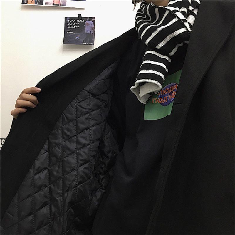

Women s Mid-Length Black Wool Coat - Spring/Summer Korean Style, Loose Fit, Cotton-Padded for Students S (up to 100 lbs)