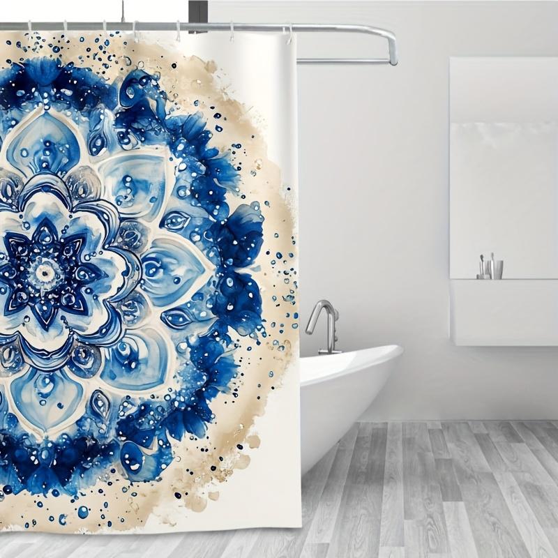 1pc Mandala Shower Curtain, Ocean Wave & Droplets, Blue & Beige, Easy-Clean Polyester, Plastic Hooks, Modern Bath Decor