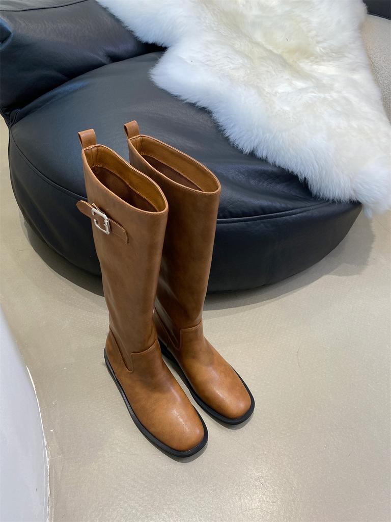 Flat-bottomed Korean Skinny Long Knight Boots Women's Shoes 2025 New Autumn and Winter Black Straight Boots Medium Long Boots