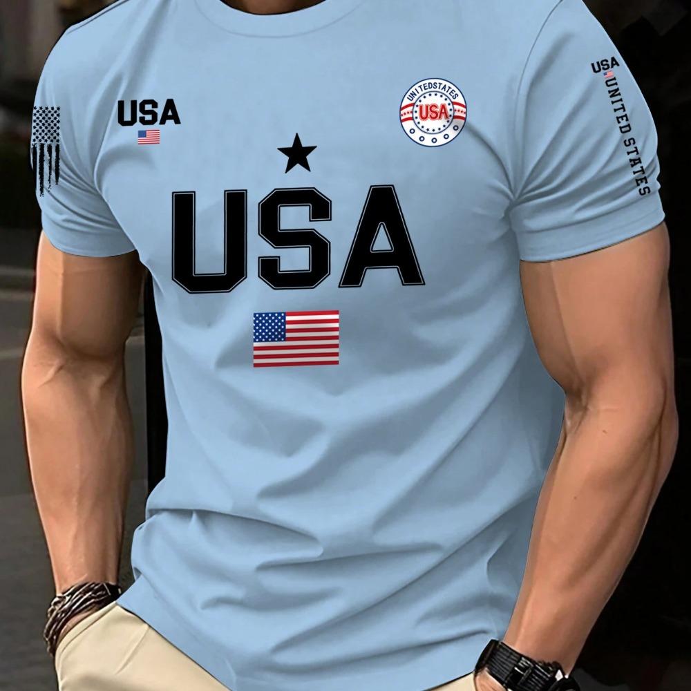 Short Sleeved Men's T-shirt Running Sports Shirt New Short Sleeved Round Neck Men's and Women's Universal American Flag Printed Shirt Fashionable