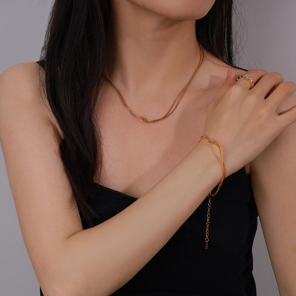 Elegant Knotted Double-Layer Necklace & Bracelet Set - Titanium Steel Snake Chain Jewelry
